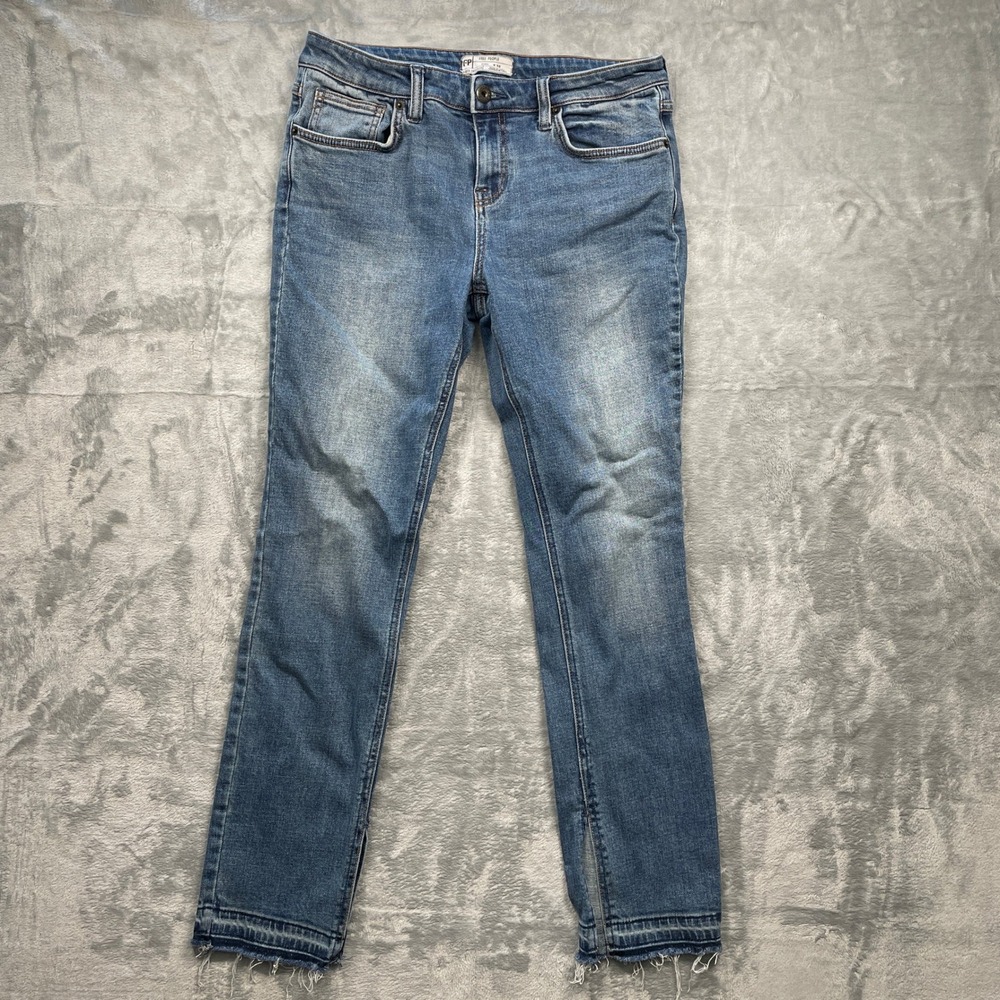 Free People Raw Hem Skinny Ankle Slit Womens Blue Denim Jeans Distressed Size 30